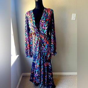 Navy blue long sleeve peacock print dress